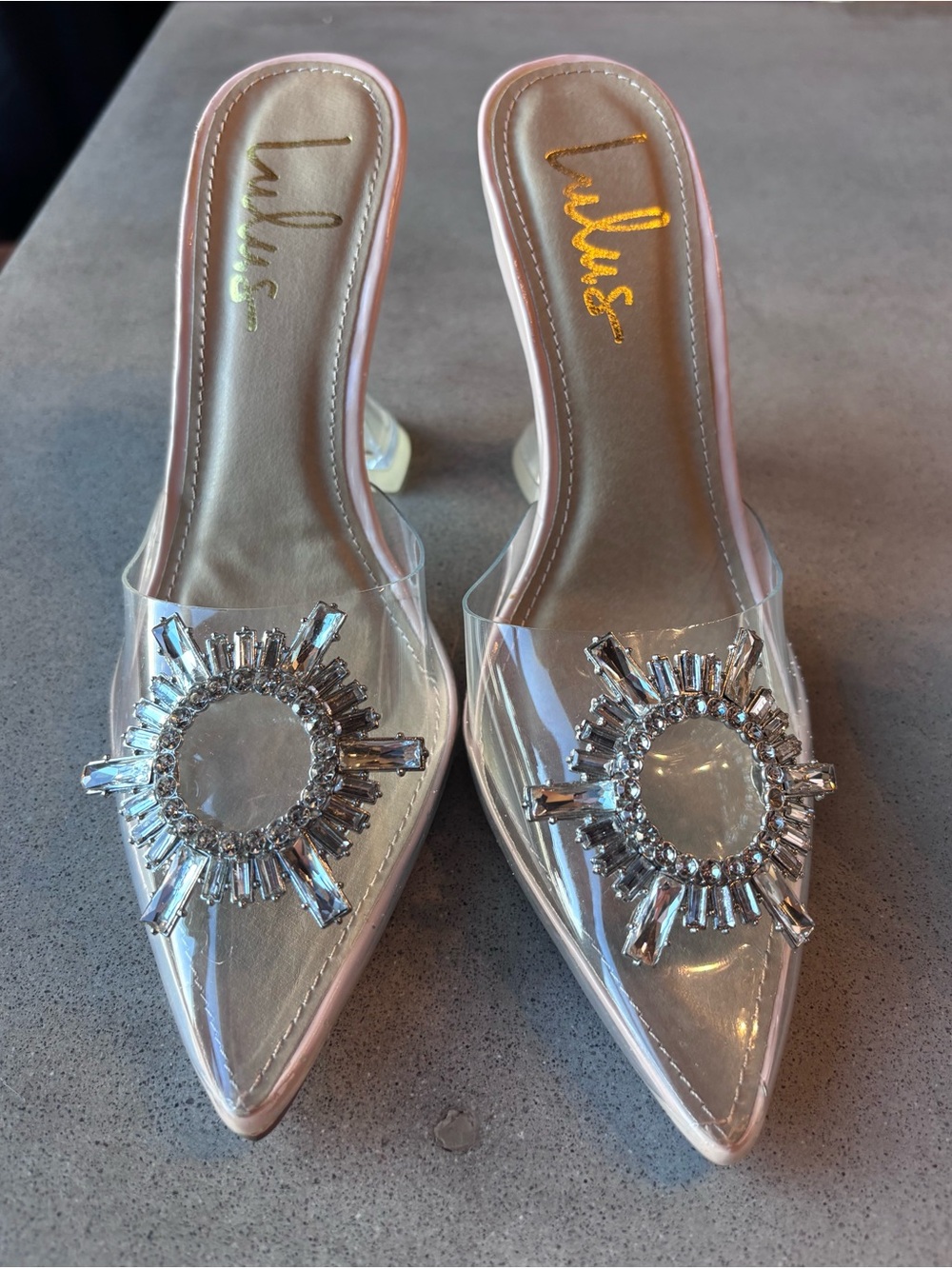 Lulu's Clear PVC Pointed Mules with Pink Trim and Crystal Sunburst